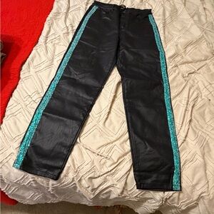 Black Faux Leather Pants with Teal Sequin Side Stripes